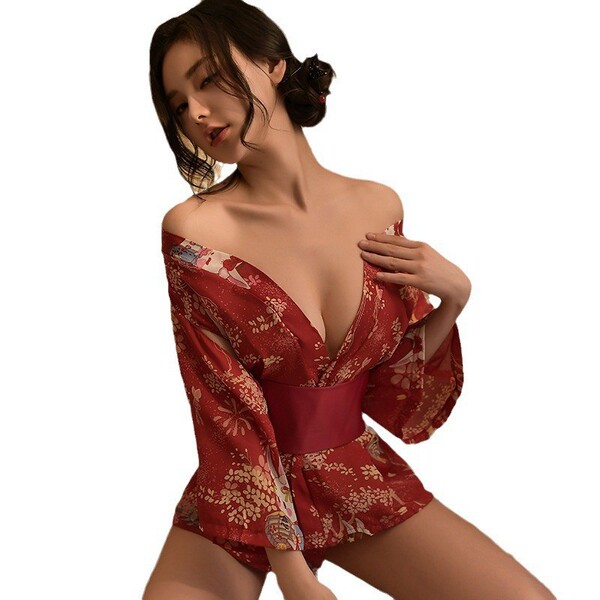 Japanese-style sexy lingerie set - deep v kimono bathrobe outfit with alluring floral print