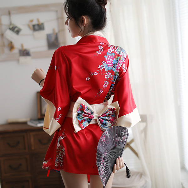 Japanese-style sexy lingerie kimono with bow print - seductive east asian dance costume, no-remove uniform