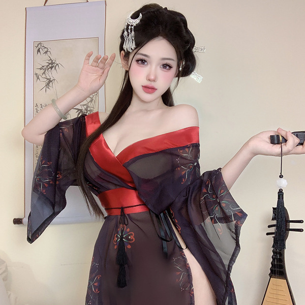 A woman wears a japanese-style sexy lingerie kimono set, featuring black fabric with floral prints, red accents, and sheer sl...