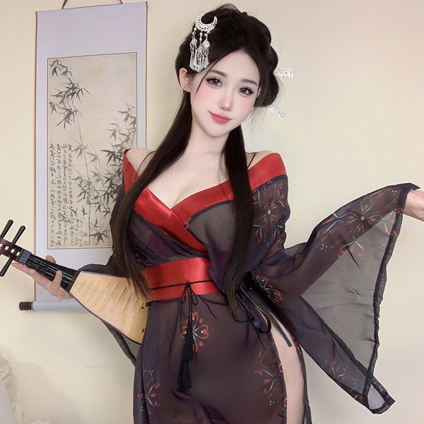 A woman elegantly poses holding a traditional japanese instrument, wearing a black floral print japanese-style sexy lingerie ...