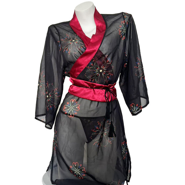 Japanese-style sexy lingerie kimono set - pure & tempting no-remove sleepwear in black with vibrant floral print