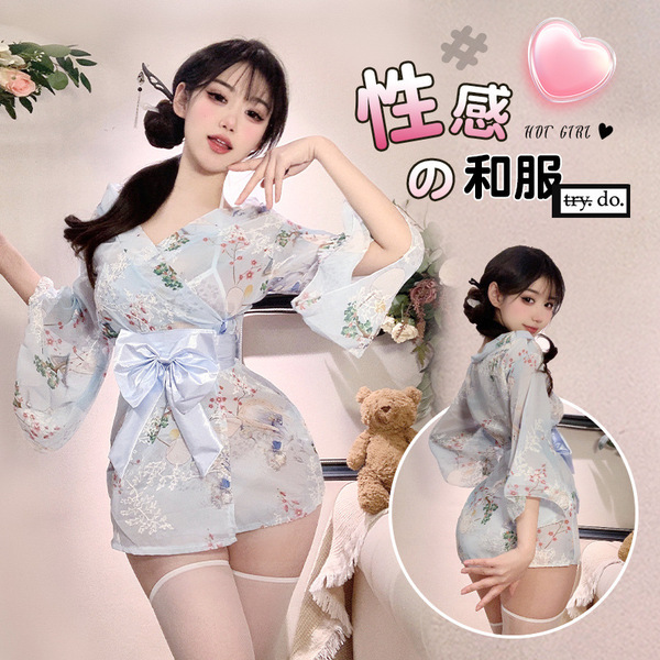 Japanese-style sexy lingerie set featuring a floral kimono robe with a bow detail, perfect for elegant sleepwear collection.