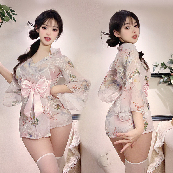 Japanese-style sexy lingerie set featuring a delicate floral pattern, elegant kimono robe design with a prominent pink bow de...