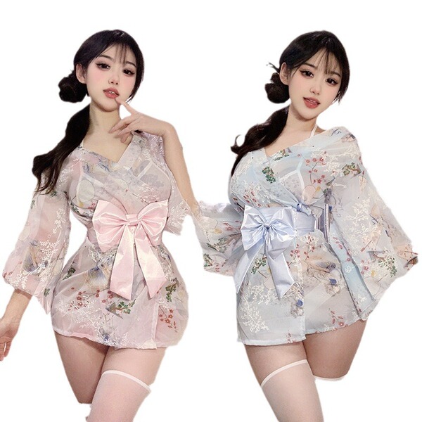 Japanese-style sexy lingerie set featuring delicate floral patterns, elegant kimono robe design with bow details, perfect for...