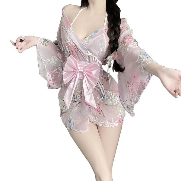 Japanese-style sexy lingerie set for plus size women, featuring a seductive kimono sleepwear design with delicate floral patt...