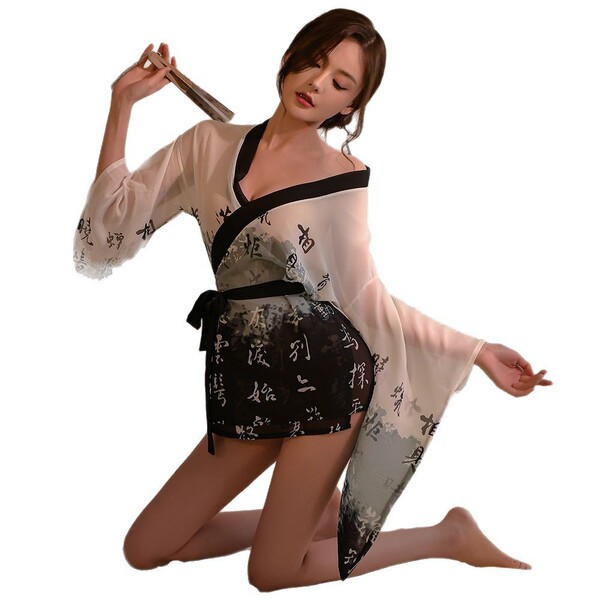 Japanese-style sheer chiffon kimono sleepwear featuring elegant script designs, perfect for women seeking stylish and feminin...