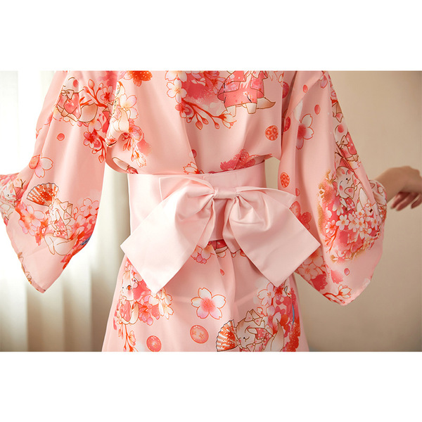 Japanese-style sexy lingerie set – sheer ice silk kimono robe for women, featuring floral patterns and a bow tie design.