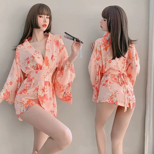 Japanese-style sexy lingerie sleep set – sakura-themed at-home kimono sleepwear, no-remove design, flattering floral pattern,...