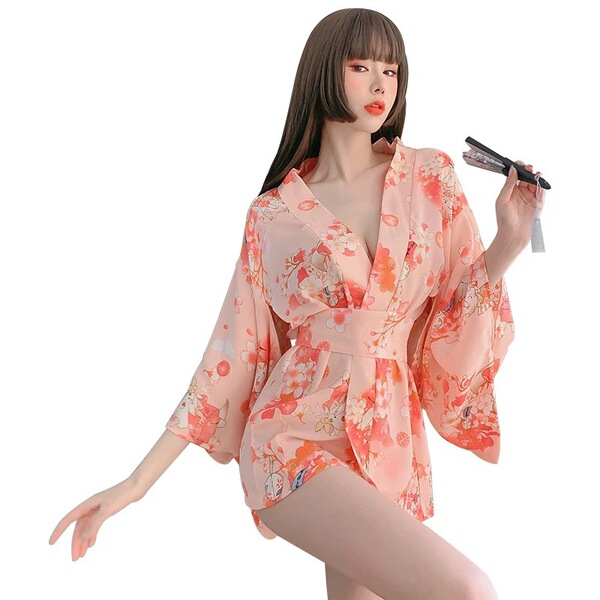 A woman models a japanese-style sexy lingerie sleep set featuring a sakura-themed at-home kimono design with no-remove fabric...