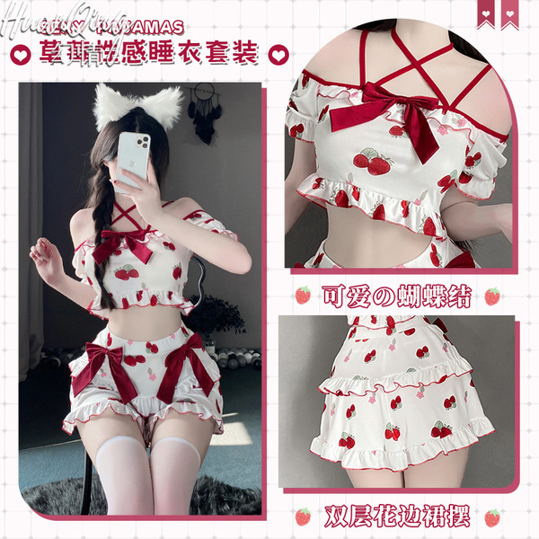 Japanese-style sexy lingerie set featuring strawberry-themed two-piece sleepwear with cute cat ears and , 。