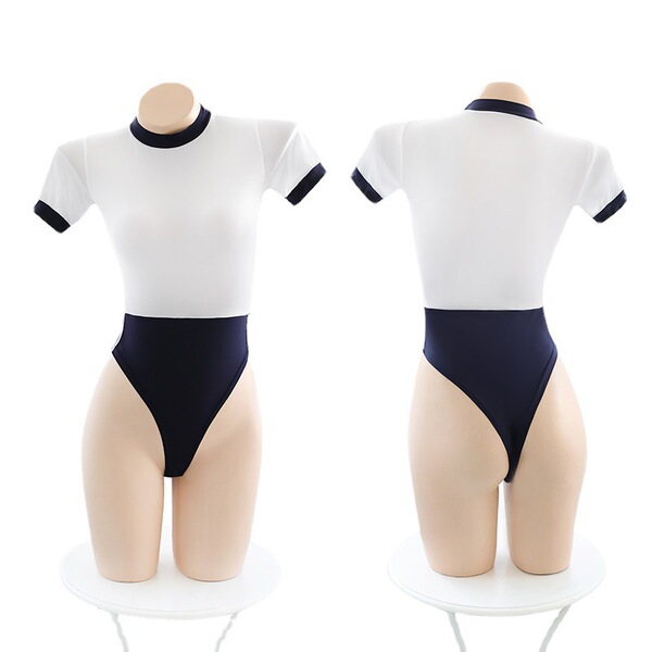 Japanese-style sexy swimwear set - open-crotch bodysuit & uniform-inspired lingerie outfit featuring white top with navy acce...