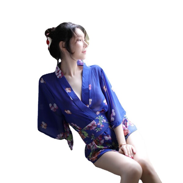 A woman wearing a japanese-style yukata robe set, featuring a deep v lace-up design and floral print, ideal for role play.