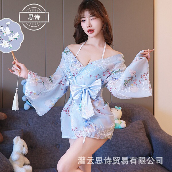 Japanese-style sheer kimono lingerie set featuring lace trimmings, perfect for women seeking elegance and allure.