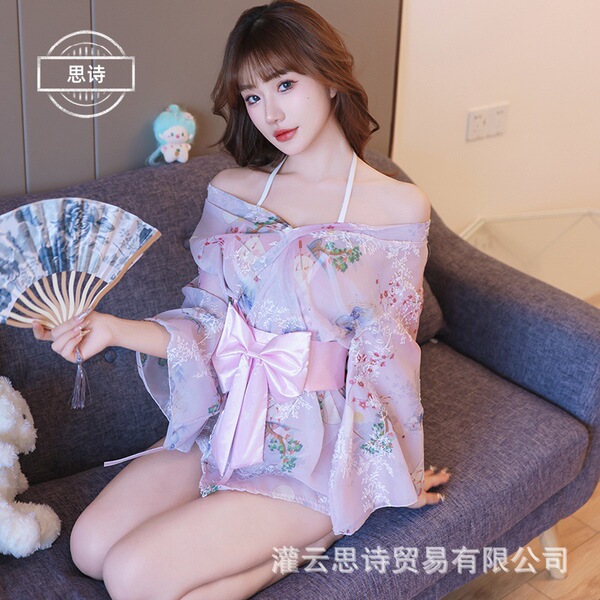 Japanese-style sheer kimono lingerie set – sensual lace trimmed sleep dress & open-front robe for women, featuring delicate f...