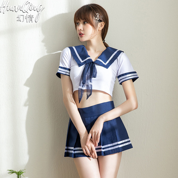 Japanese-style student uniform lingerie set featuring a sailor top with a bow and pleated skirt, perfect for role play costum...