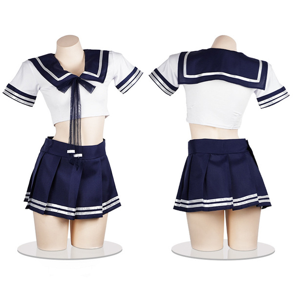 Japanese-style student uniform set featuring a sailor top with a navy blue bow and pleated skirt, ideal for role play costume...