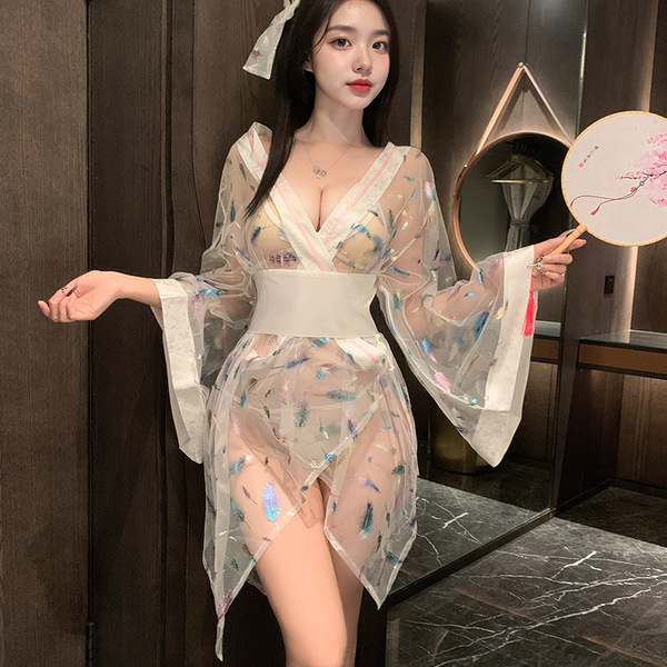 Japanese-style waist-cinching lace bodysuit - sheer kimono-inspired erotic lingerie set for bedroom wear, featuring delicate ...