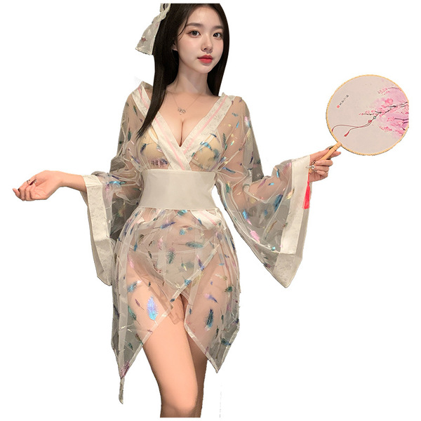 Japanese-style waist-cinching lace bodysuit - sheer kimono-inspired erotic lingerie set for bedroom wear, featuring delicate ...