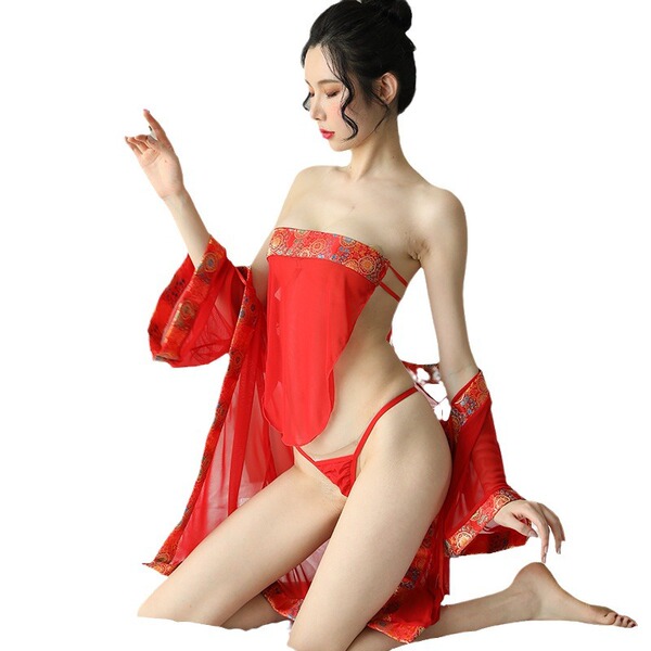 Sexy transparent red jiajin new year bridal lingerie set, perfect for romantic evening wear and costume outfits.