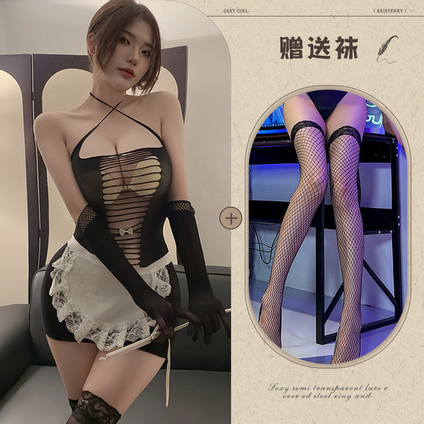Sexy Maid Costume Set - Sheer & Seductive Qipao Lingerie with Peekaboo Butt Design, No-Remove Temptation Outfit - Charming Maid ◆ Black + Black Fishnet Stockings