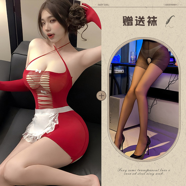 Sexy Maid Costume Set - Sheer & Seductive Qipao Lingerie with Peekaboo Butt Design, No-Remove Temptation Outfit - Charming Maid ◆ Red and Black Open Crotch Stockings