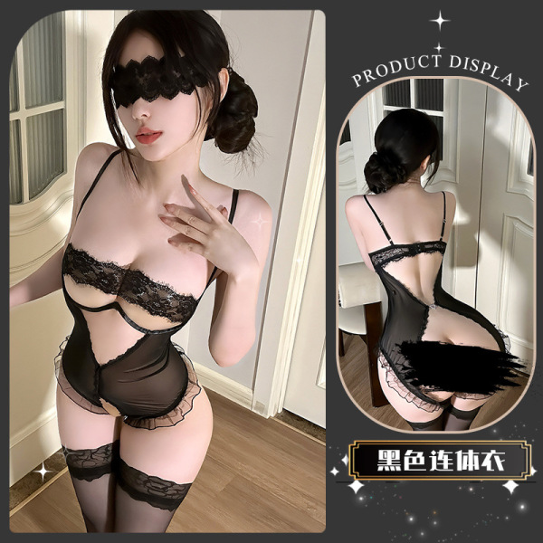 Gold-Thread Lace Underwire Push-Up Lingerie Set – Sensual, Elegant & Tempting Pure-Delight Bra & Panty - Delicate evening gown ~ [Black] + matching stockings