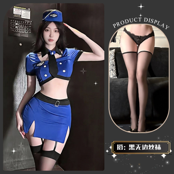 Golden Night Air Hostess Uniform Lingerie - Seductive Police-Themed Sexy Outfit, No-Remove Design - Delicate police officer* blue + black laceless stockings
