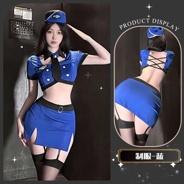 Golden Night Air Hostess Uniform Lingerie - Seductive Police-Themed Sexy Outfit, No-Remove Design - Delicate police uniform in blue [top + skirt + hat + tie]