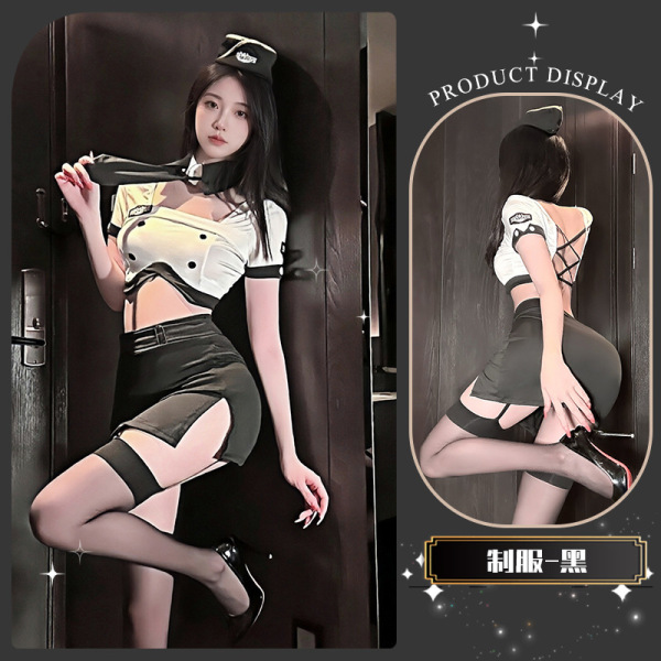 Golden Night Air Hostess Uniform Lingerie - Seductive Police-Themed Sexy Outfit, No-Remove Design - Delicate policewoman in black [top + skirt + hat + tie]