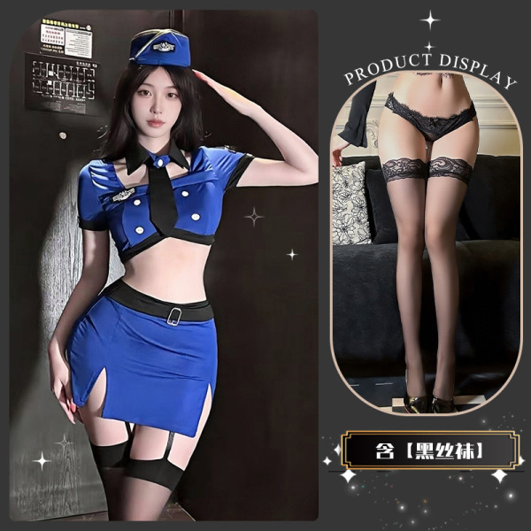 Golden Night Air Hostess Uniform Lingerie - Seductive Police-Themed Sexy Outfit, No-Remove Design - Delicate police officer* blue + black stockings