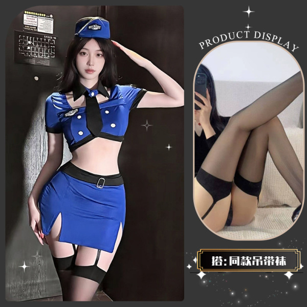 Golden Night Air Hostess Uniform Lingerie - Seductive Police-Themed Sexy Outfit, No-Remove Design - Delicate police officer* blue + matching socks