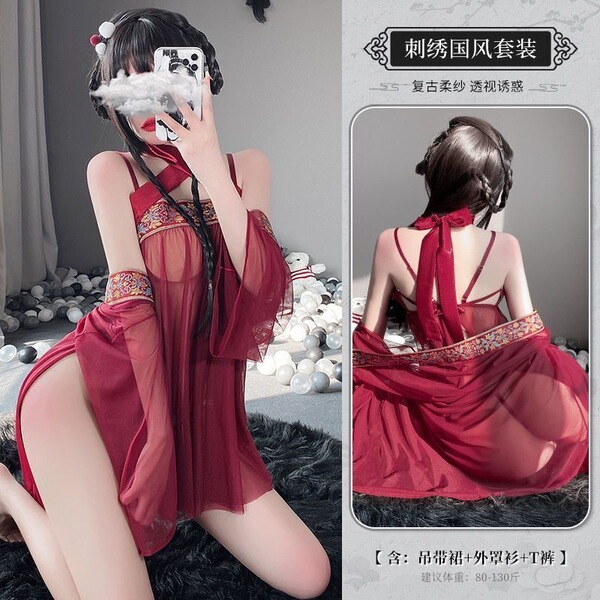 Wangchunshan Plus Size Hanfu Sleep Set – Vintage-Inspired Sheer Silk-Look Sleep Dress & Ancient Chinese Bodice Outfit - Ji Ling'er Set