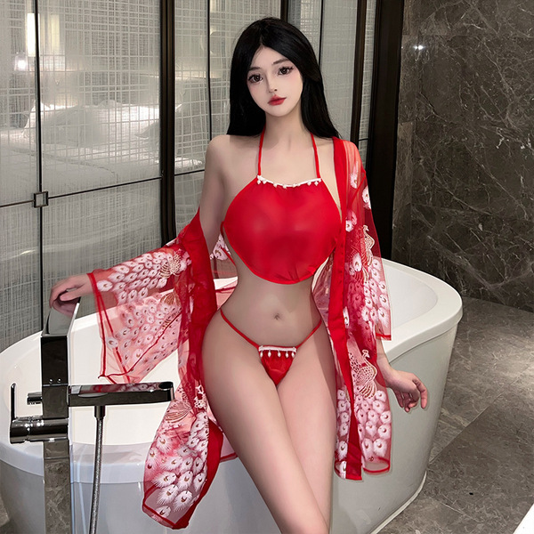 Jingruohan japanese kimono sheer set featuring sexy lace design, perfect for seductive no-remove lingerie outfits.