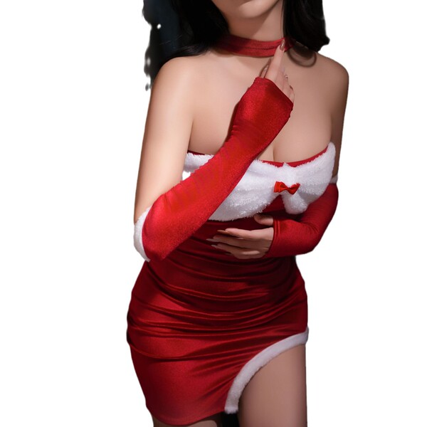 Sexy red dress with white trim, festive santa-themed gloves, perfect holiday costume for women.