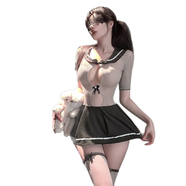 Woman in sheer mesh jinxiao jk sailor suit lingerie with black skirt, holding a plush toy.