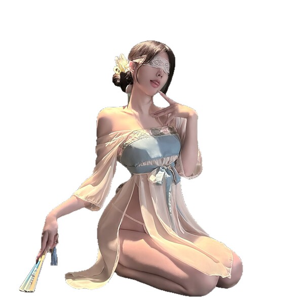 Woman in elegant jinxiao silk babydoll & robe set, chinese-inspired design with sheer sleeves and sash, posing gracefully.