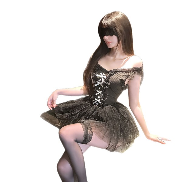Woman wearing black jinxiao puff skirt lingerie with lace trim and corset-style bodice, posing seductively against white back...