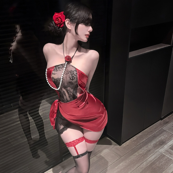 Woman wearing red jinxiao rose lace lingerie set with beads, ties, and garters — seductive pure-yu style erotic underwear.