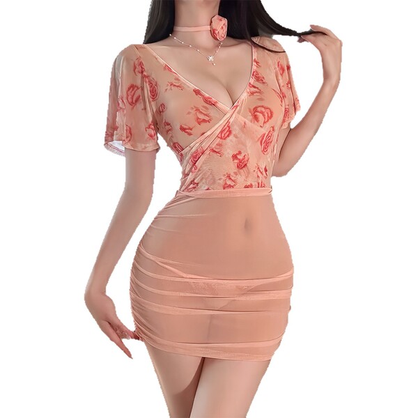 Sheer rose-print mesh bodycon dress with peek-a-boo bust, ruched skirt, and matching choker.