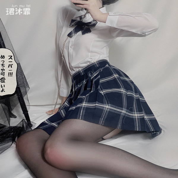 Jk sensual lingerie set featuring a cute schoolgirl uniform with plaid skirt and white blouse, perfect for women seeking a pl...
