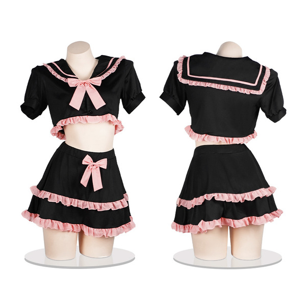 Jk student style lingerie set - cute sailor uniform sleepwear with pink bow detail for women, featuring ruffled sailor collar...