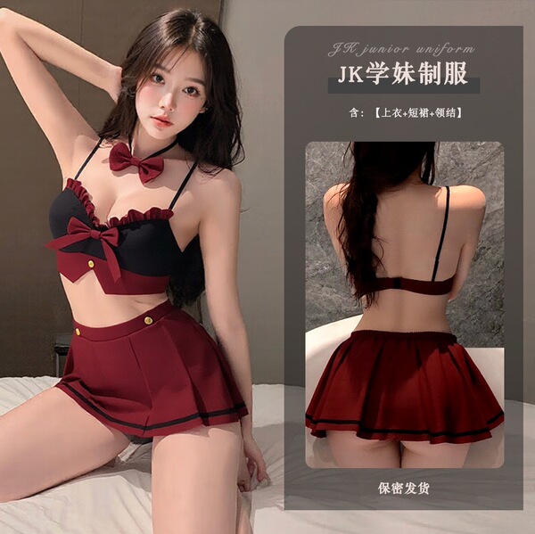 QQNY Pure Allure Women's Lingerie Set – Elegant Sensual Sleepwear & Intimate Apparel for Women - JK uniform + black bow-tie socks