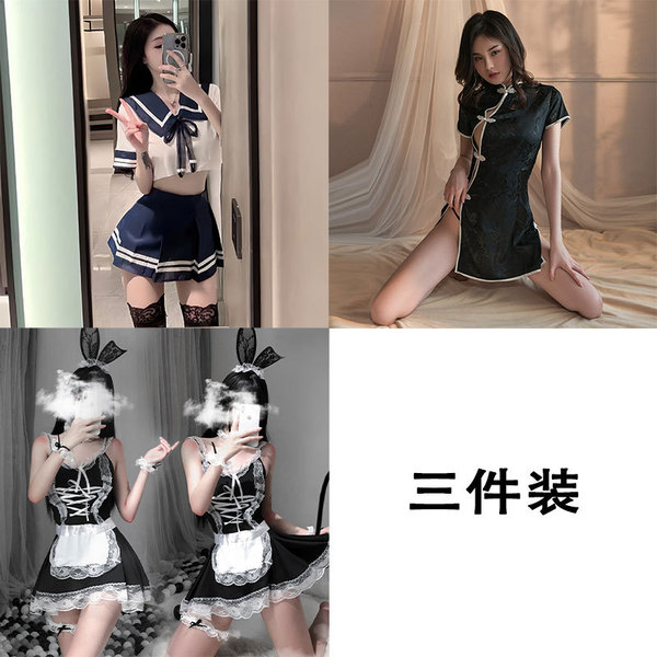 Sexy Night Silk Lingerie Set - Passionate Sailor Uniform JK Style Sleepwear for Women - [3-piece set] JK uniform + black cheongsam + sweet maid outfit