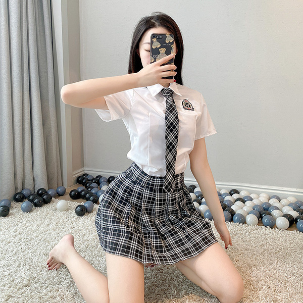 QQNY Pure Allure Sleepwear Set – Elegant Sensual Lingerie for Women, Luxury Bedroom Wear - JK uniform + black open-crotch socks