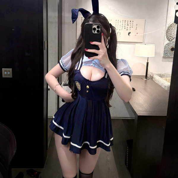 Jk uniform bunny girl lingerie set - student role play sleepwear with suspender skirt, navy blue sailor-style dress with bunn...