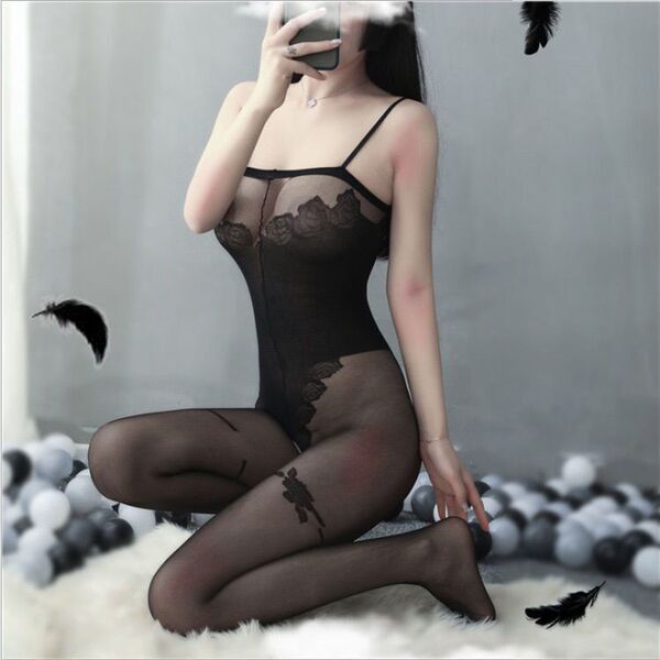Manny Night Seductive Sheer Mesh Bodysuit with Open-Crotch Tights - Sexy Lingerie Set for Women - JMR1050 Black