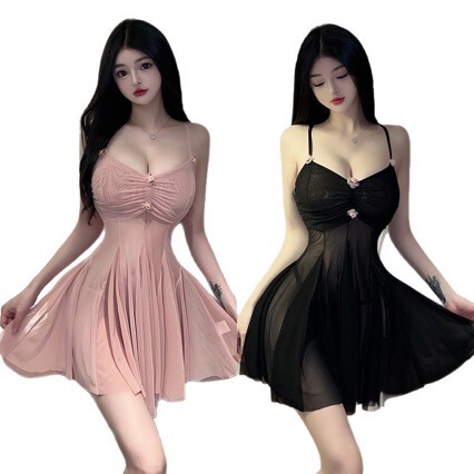 Two women wearing juhuo sexy lingerie sets, featuring lace camisoles paired with flared skirts, perfect for sleepwear.