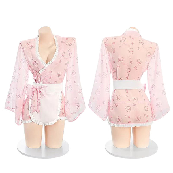 Kawaii bunny maid costume - japanese-inspired sleep robe with rabbit print & bow detail, cute & alluring lingerie set
