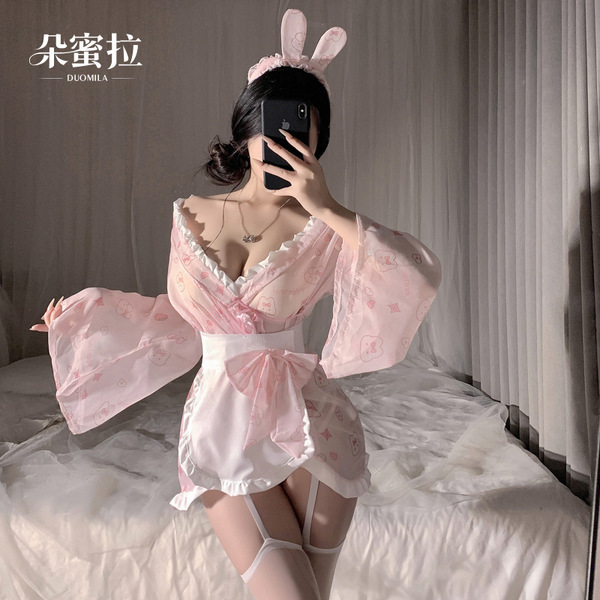 Kawaii bunny maid costume - japanese-style sexy sleep robe with bow & rabbit print, cute & alluring lingerie set