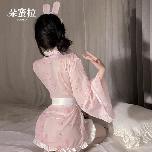 Kawaii bunny maid costume - japanese-style sexy sleep robe with bow & rabbit print, cute & alluring lingerie set